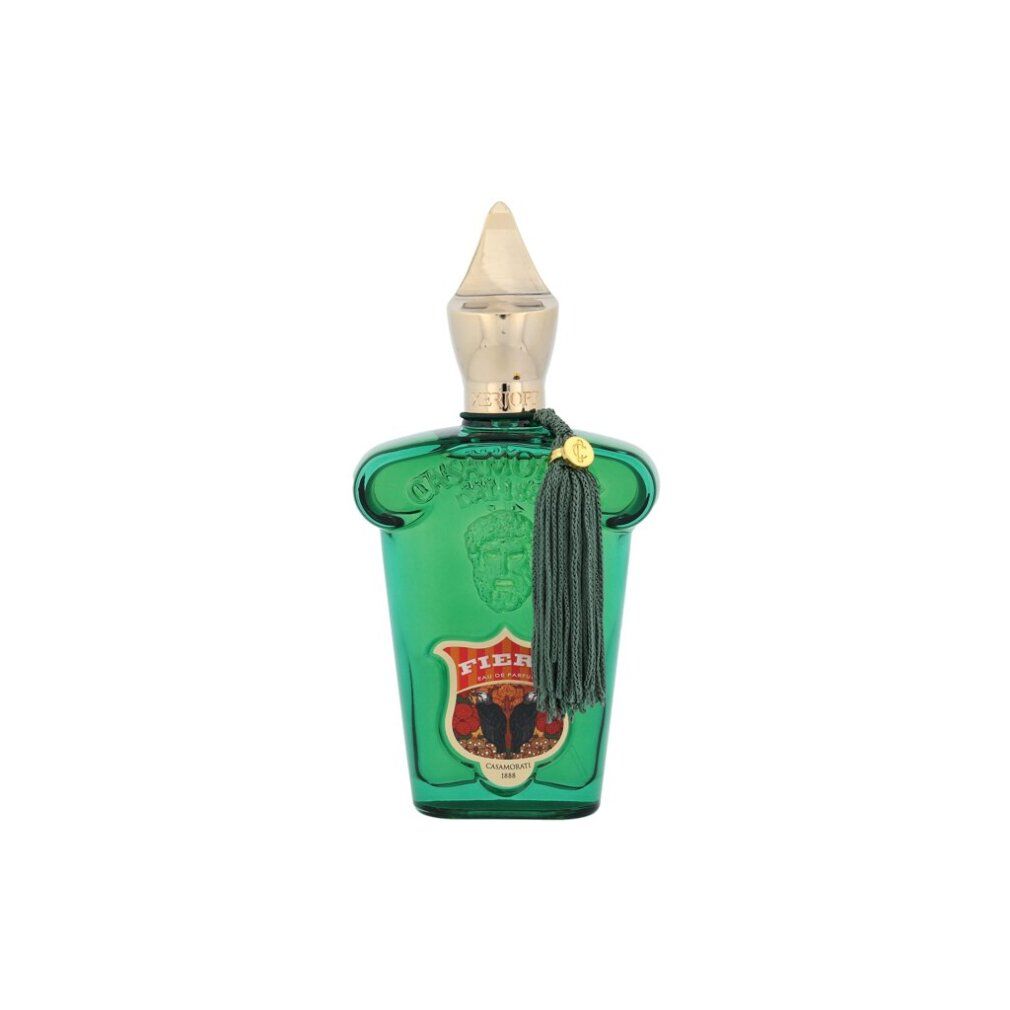 Flacone in vetro verde con tappo dorato e nappa. Sul flacone è visibile la scritta « Fiero ».