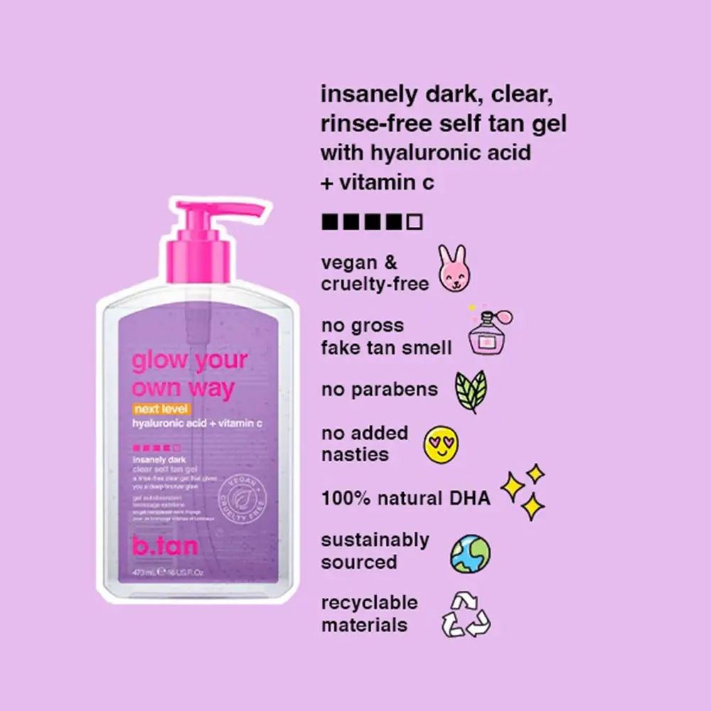 Flacone trasparente con pompa rosa. Scritta: Glow Your Own Way Next Level. Vegano e cruelty-free.