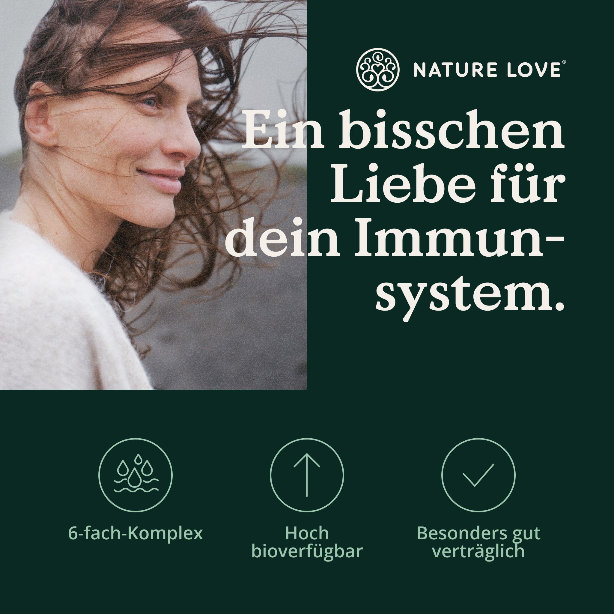 Donna sorridente, logo Nature Love, "Un po' d'amore per il tuo sistema immunitario.", complesso 6 volte, alta biodisponibilità, ben tollerato.