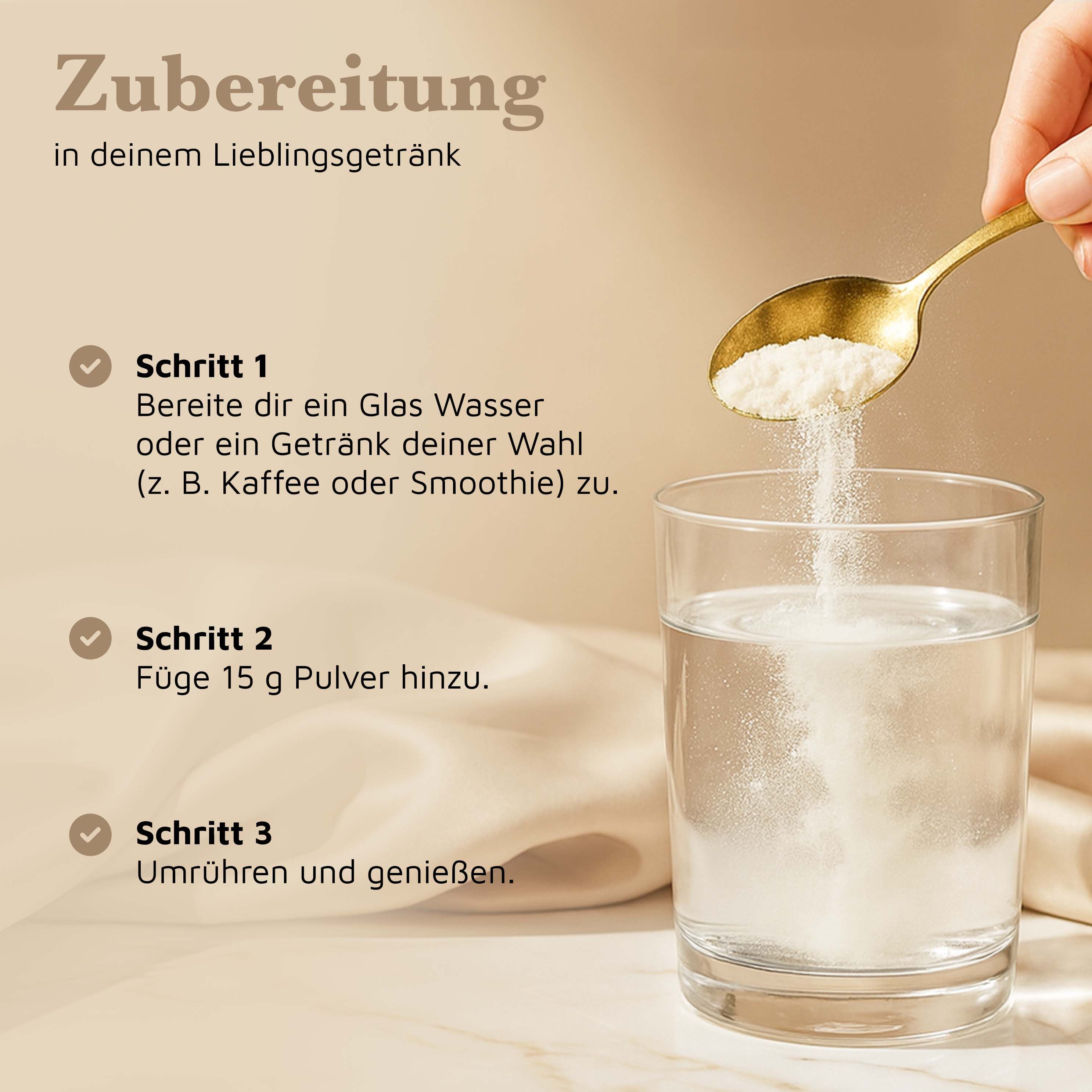 Istruzioni per la preparazione in tre fasi. La polvere viene aggiunta all'acqua.