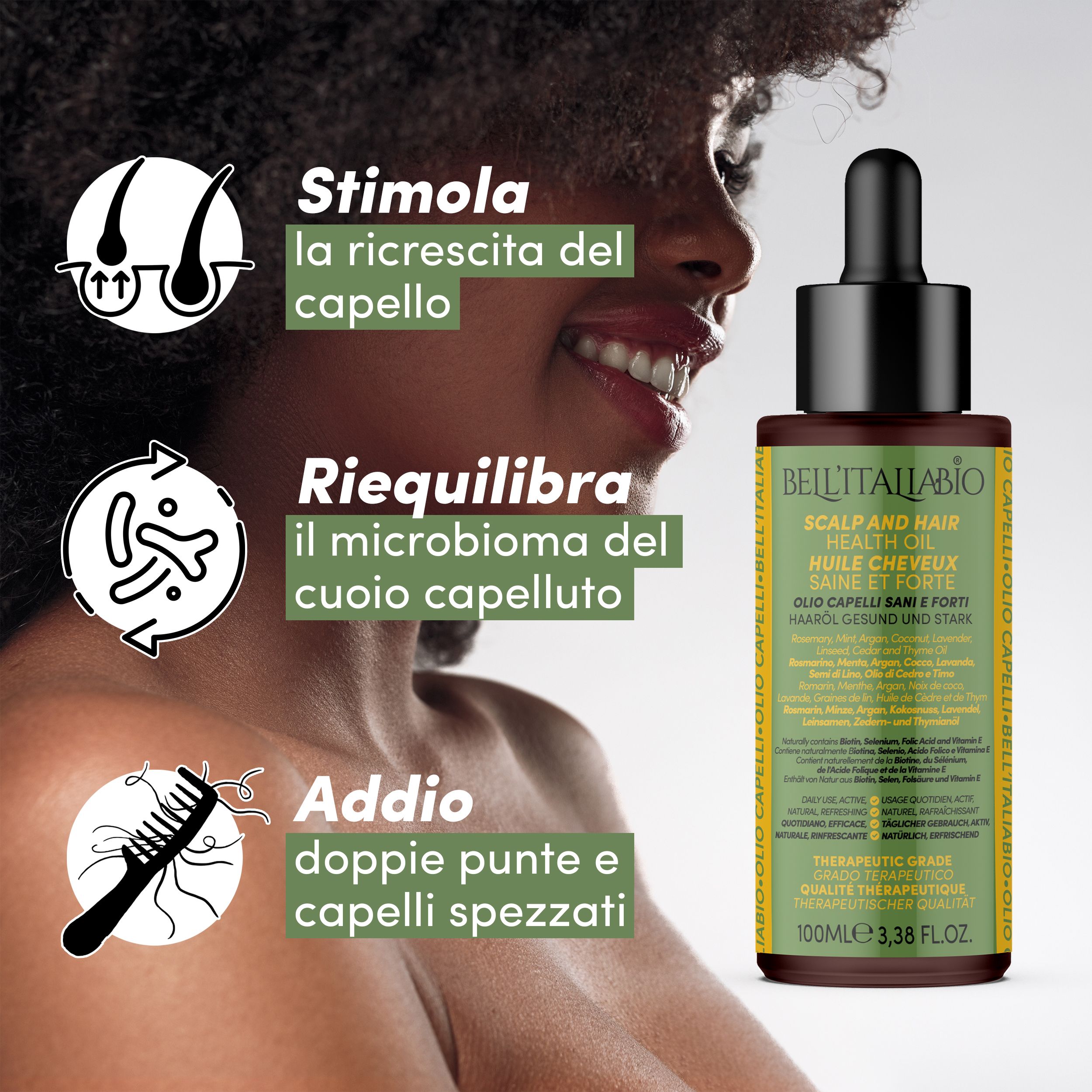 Flacone di olio per capelli con contagocce. Testo: Stimola la ricrescita del capello, Riequilibra il microbioma del cuoio capelluto, Addio doppie punte e capelli spezzati.