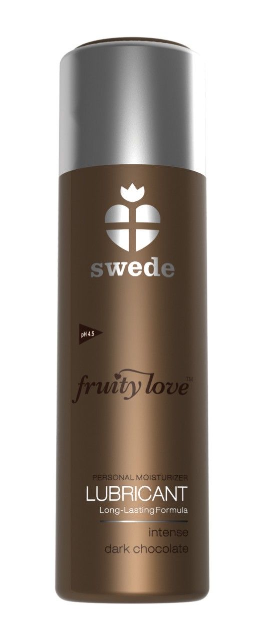 Flacone marrone scuro con tappo argentato. Marca: Swede. Prodotto: Fruity Love Lubricant.