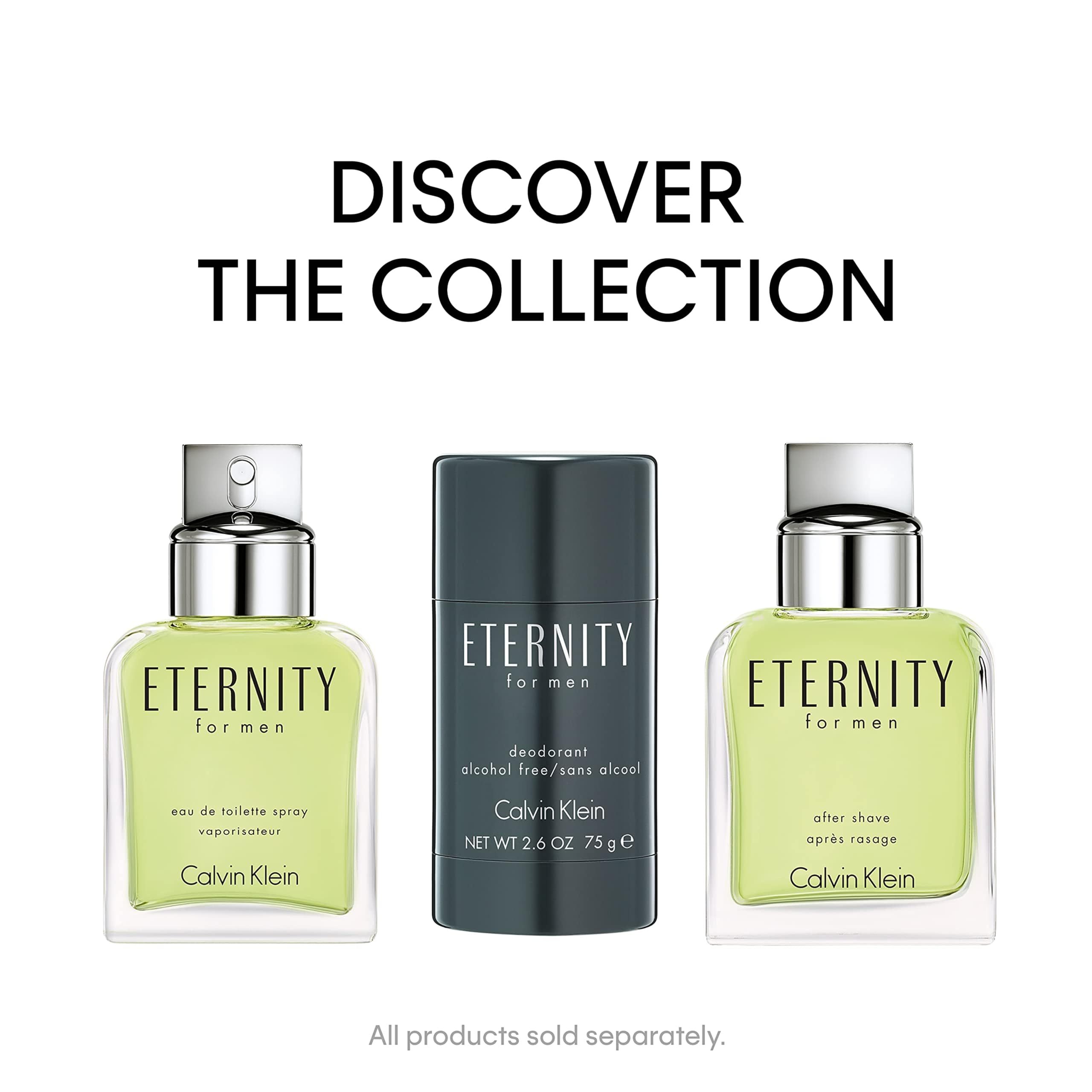 Tre prodotti: due flaconi e uno stick deodorante. Sui flaconi: "ETERNITY FOR MEN". Sul deodorante: "ETERNITY" e "CALVIN KLEIN".