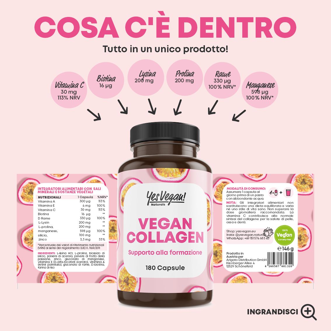 Informazioni sul prodotto "Cosa c'è dentro" per "Vegan Collagen": ingredienti e valori nutrizionali.