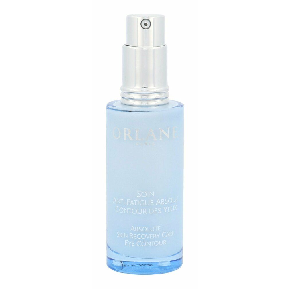Flacone blu con vaporizzatore argentato. Scritta: ORLANE PARIS, Anti-Fatigue Absolu Contour des Yeux.