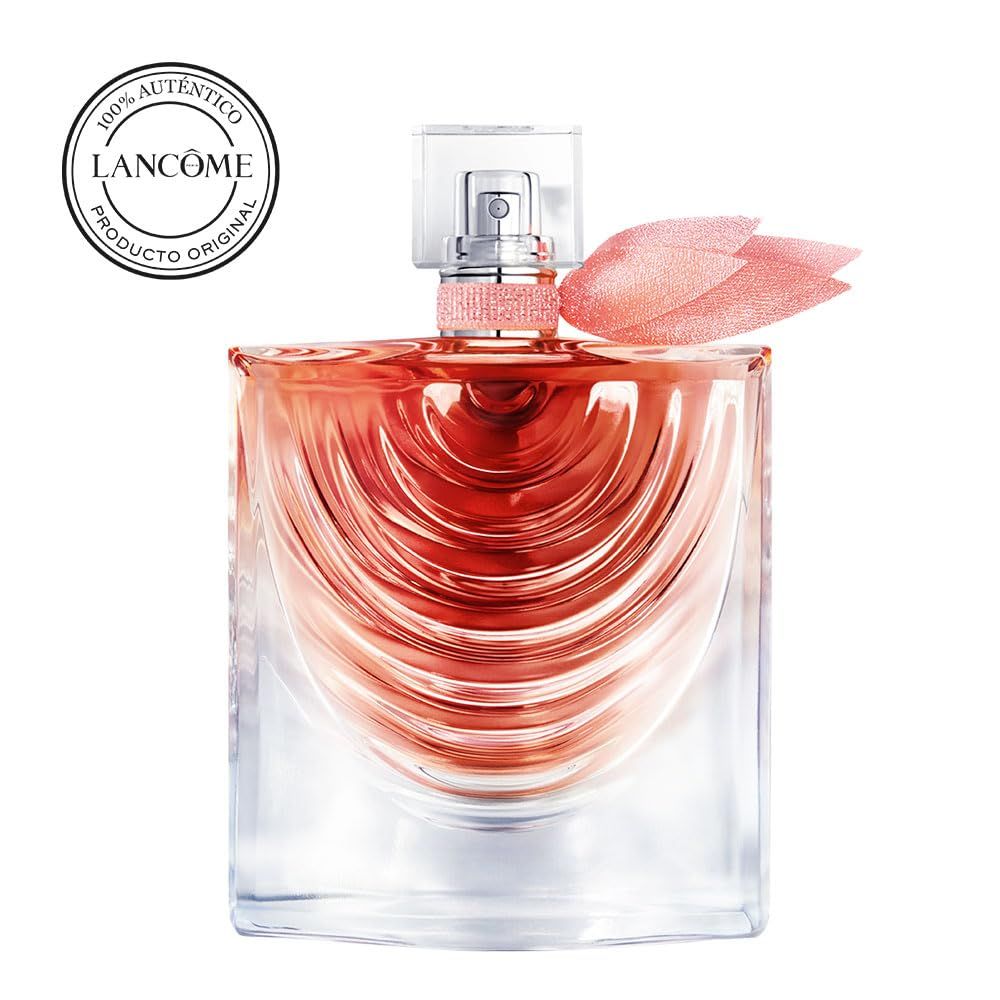 Flacone di profumo quadrato, liquido rosa, con fiocco rosa. Testo: Lancôme, 100% autentico. Sigillo rotondo.