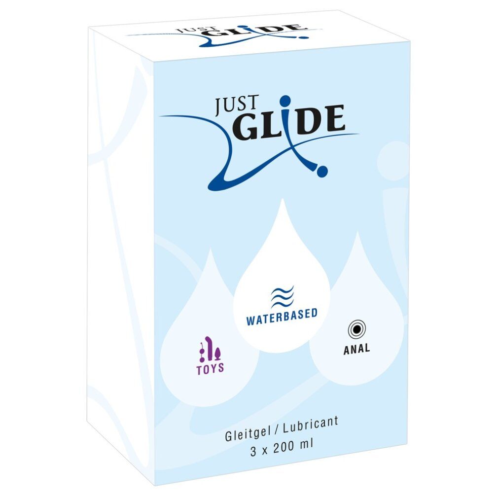 Scatola JUST GLIDE, azzurra, con motivi a goccia. Contiene 3 x 200 ml di gel lubrificante. Scritte: TOYS, WATERBASED, ANAL.