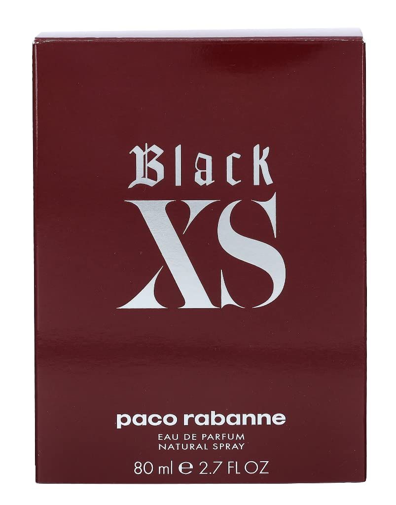 Paco Rabanne Black XS For Her Eau de Parfum Spray. Confezione. Scatola rossa con scritta argentata.