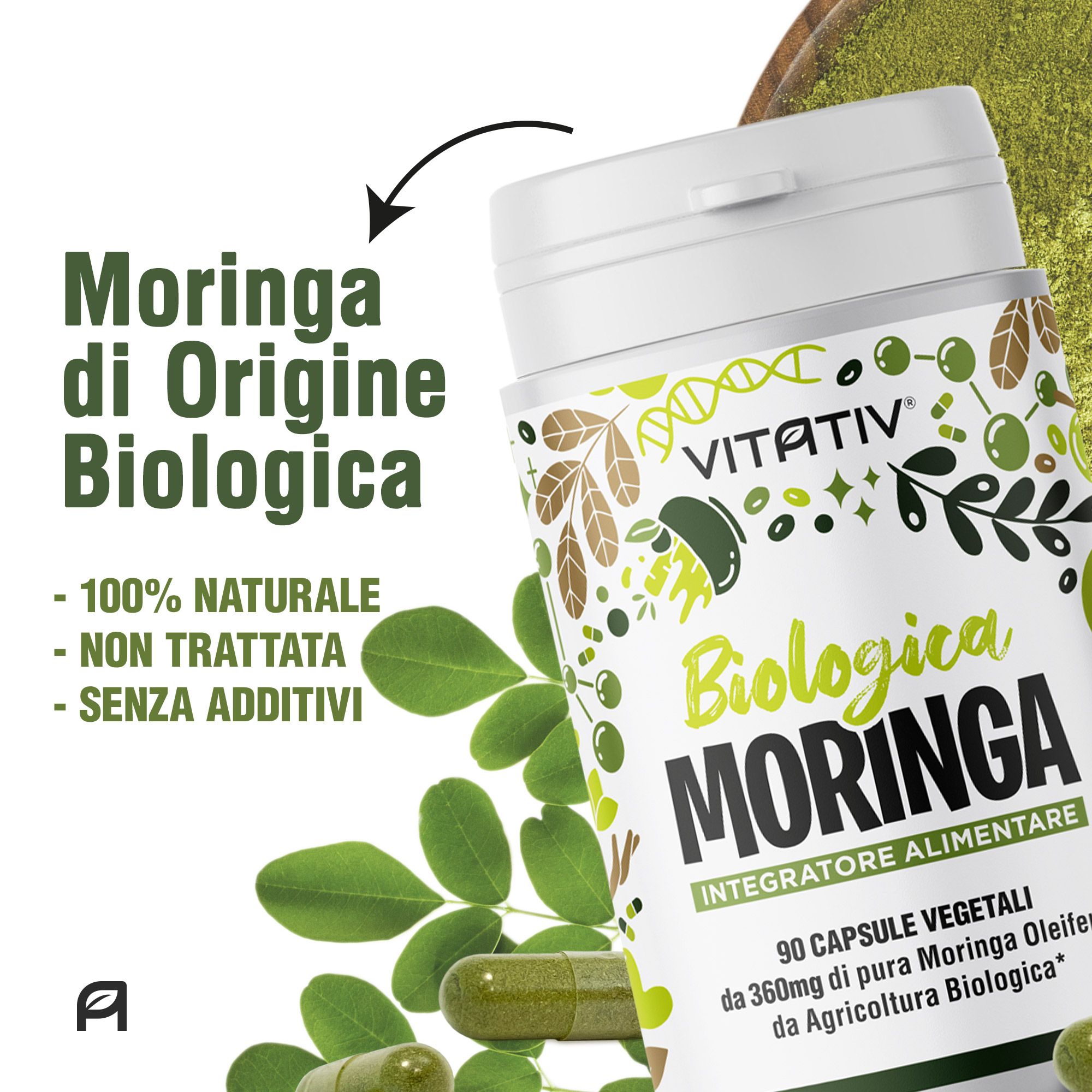 Flacone bianco con capsule verdi. Testo: Moringa di Origine Biologica, 100% naturale, non trattata, senza additivi. VITATIV® Biologica Moringa.
