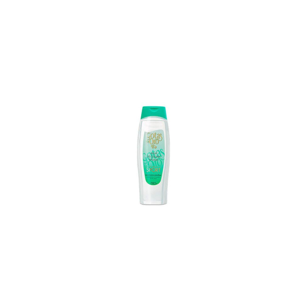 Flacone trasparente con tappo verde. Scritta: Gocce d'Oro Sport. Etichetta verde-oro con testo.