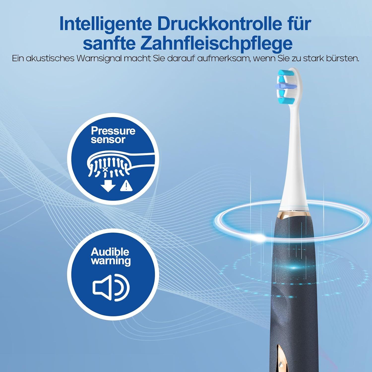 Spazzolino elettrico con sensore di pressione e avviso acustico per una cura delicata delle gengive.