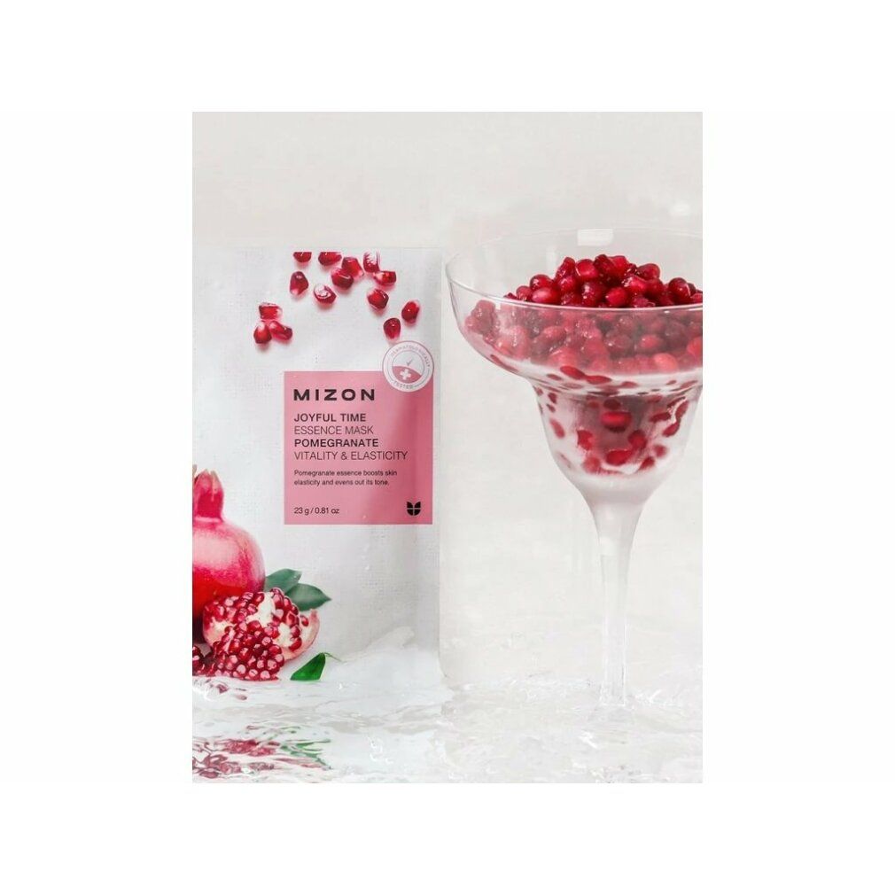 Confezione MIZON Joyful Time Essence Mask Melograno accanto a bicchiere con semi di melograno. Testo: Joyful Time, Pomegranate, Vitality & Firming.