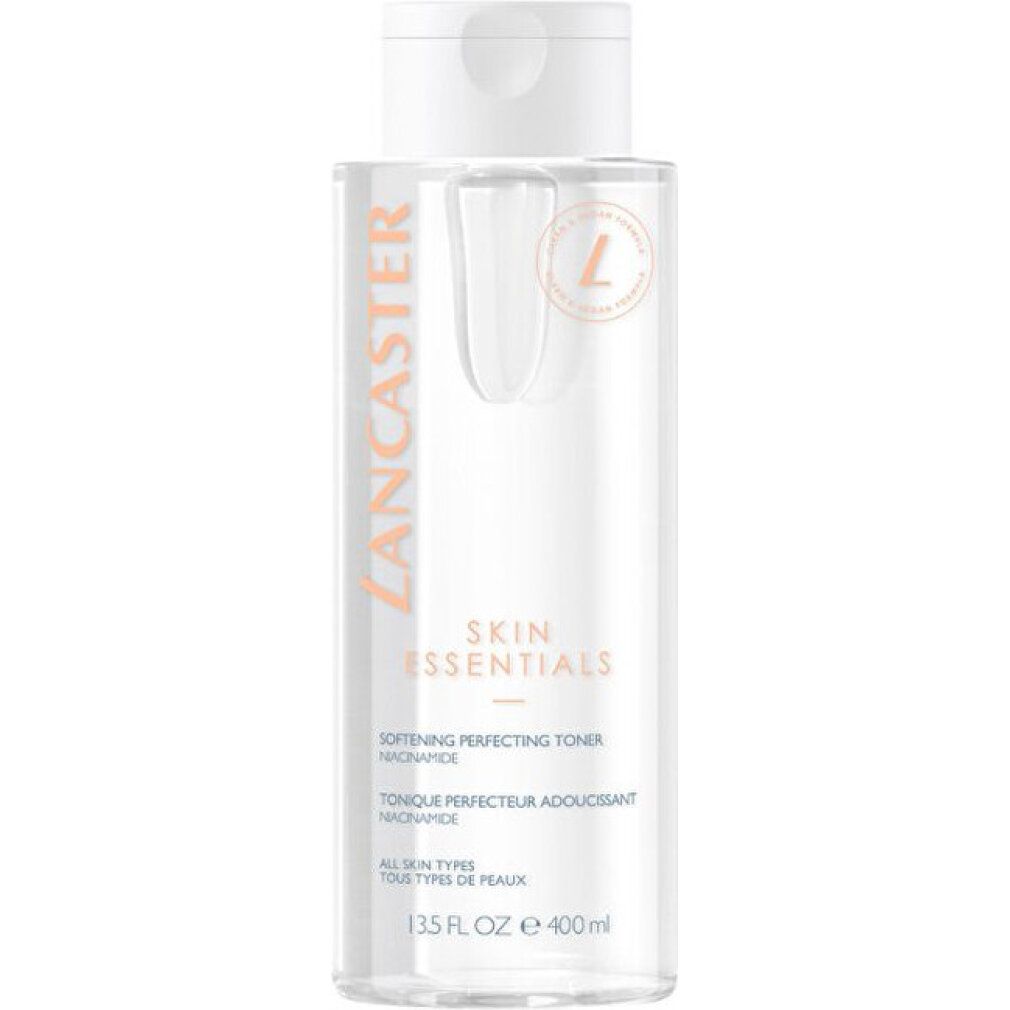 Flacone trasparente, tappo bianco. Scritte: Lancaster, Skin Essentials, Softening Perfecting Toner. Logo 'L'.