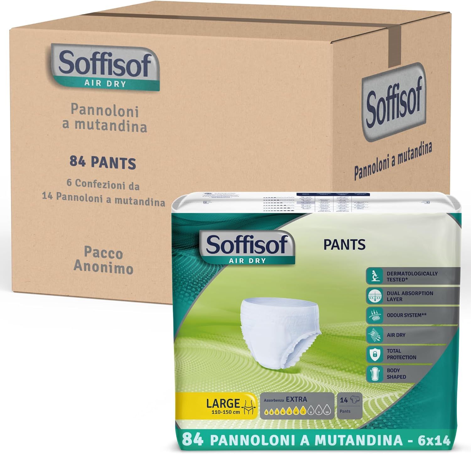 Soffisof Pants Extra. Scatola con confezioni. Confezione del prodotto con caratteristiche.