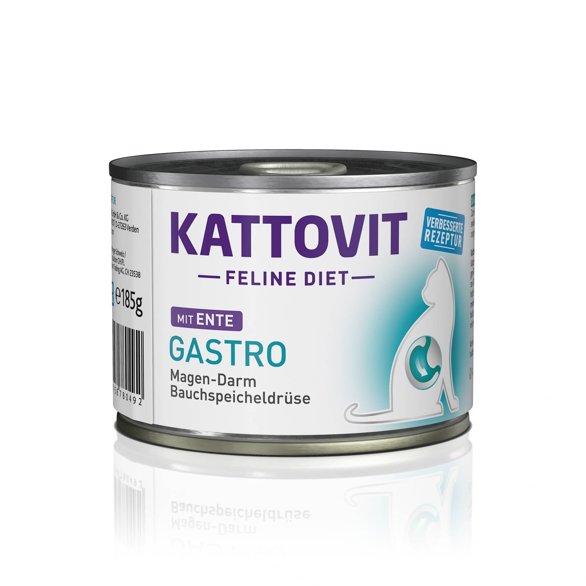 Lattina KATTOVIT Gastro Ente. Scritta: Feline Diet, Gastro, con anatra. Illustrazione di un gatto con organi.