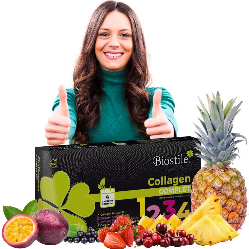 Donna con pollici in su, accanto a Biostile Collagen Komplett, ananas, frutto della passione, fragole.