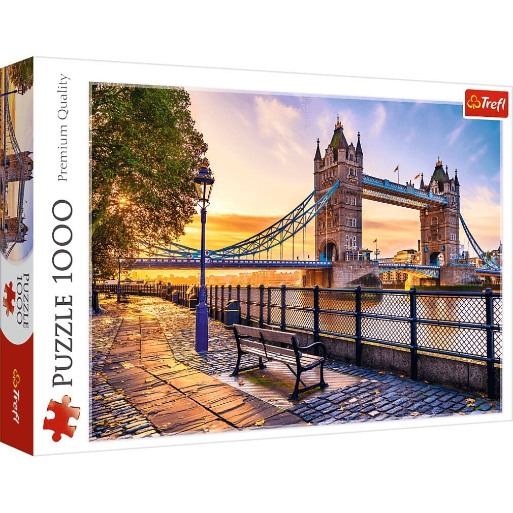 Scatola di puzzle con la Tower Bridge di Londra. Scritta "Puzzle 1000". Marchio Trefl.