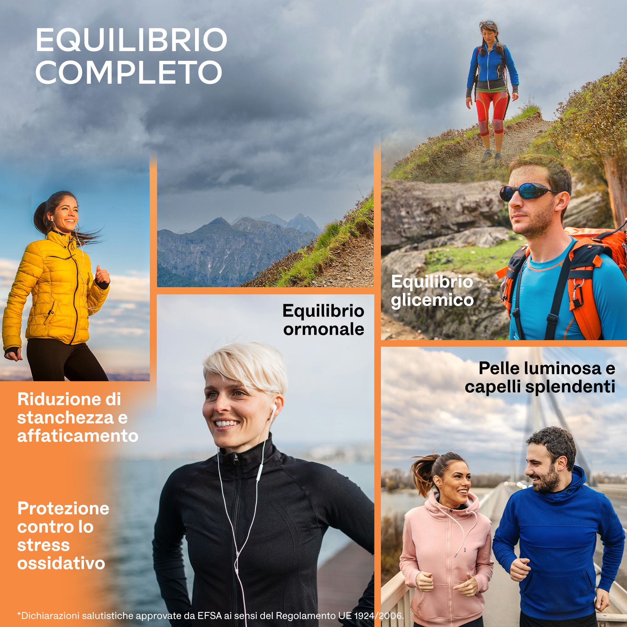 Persone in diverse situazioni. Testo: Equilibrio ormonale, protezione dallo stress ossidativo.