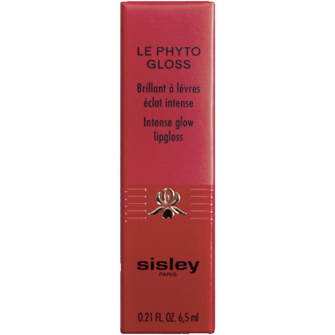 Confezione rossa con testo: LE PHYTO GLOSS, Intense glow lipgloss, sisley PARIS. 0.21 FL. OZ. 6,5 ml.