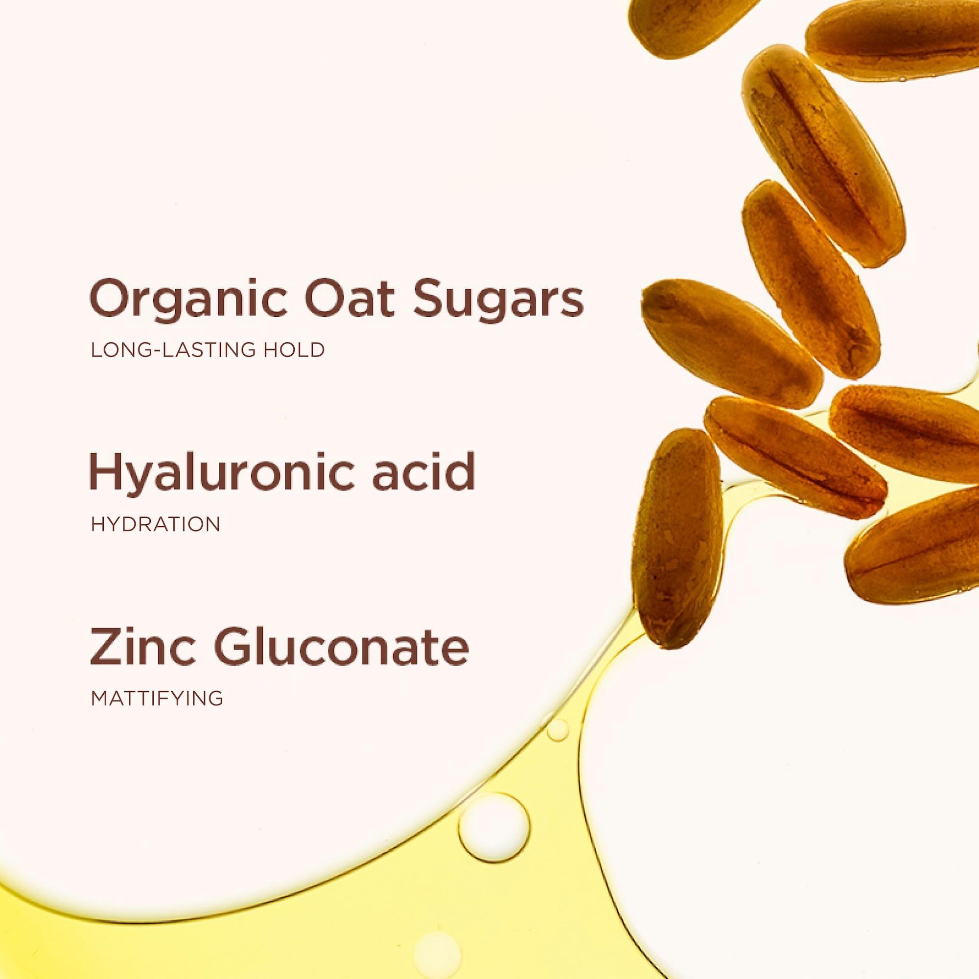 Grafico con ingredienti: zuccheri d'avena biologici, acido ialuronico, gluconato di zinco. Grani d'avena e liquido giallo.