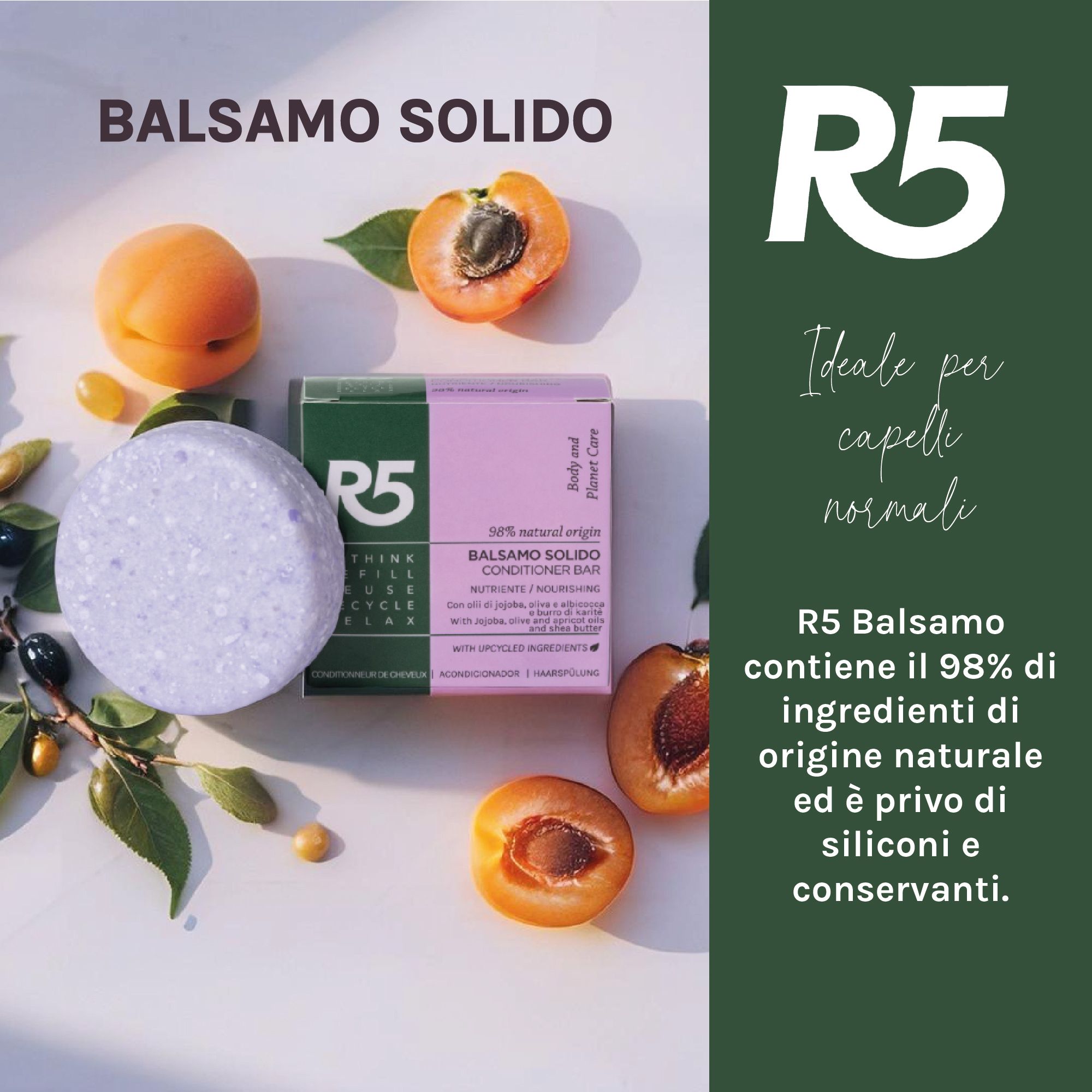 R5 balsamo solido, viola, con albicocche e bacche.
