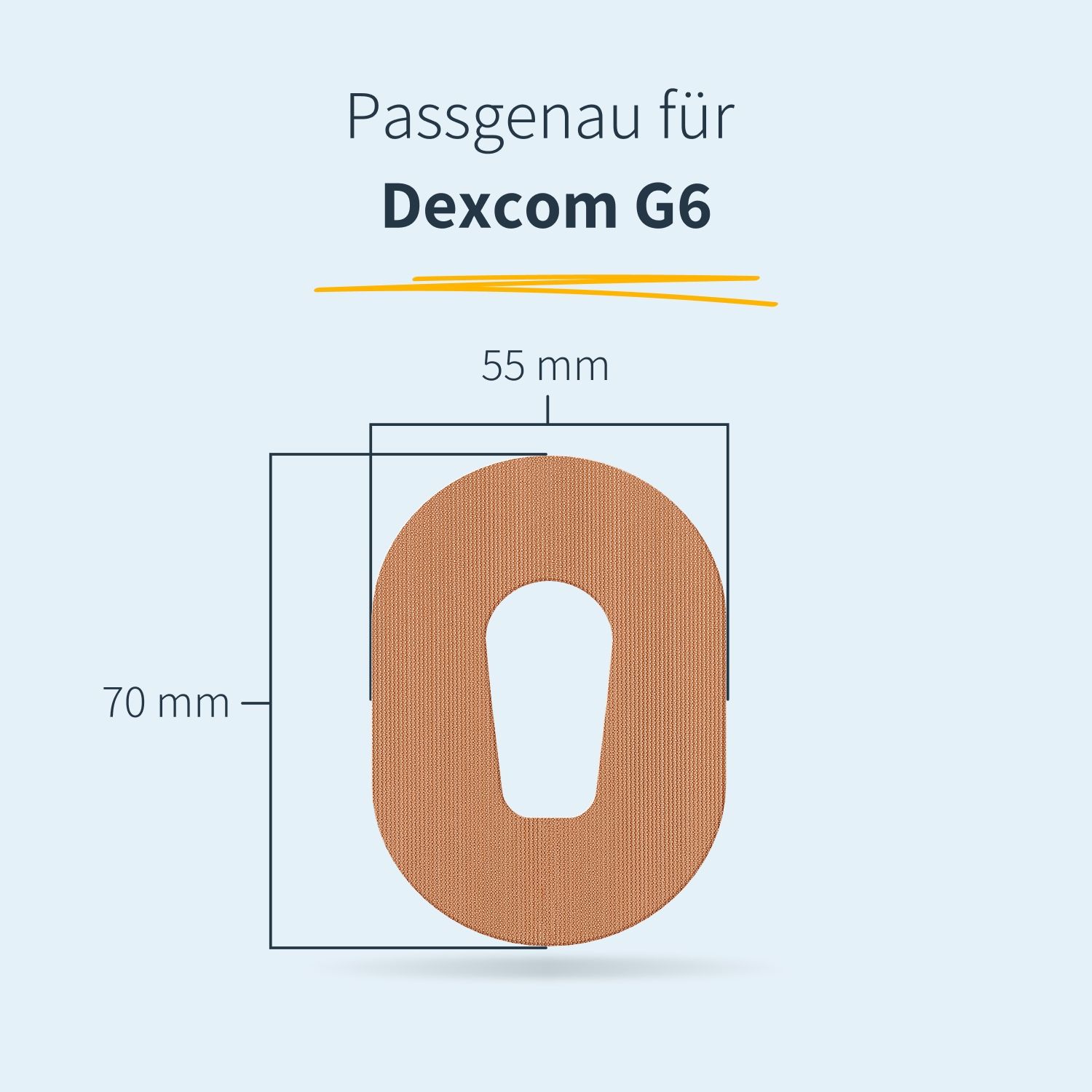 Infografica: Cerotto per Dexcom G6. Dimensioni: 70 x 55 mm. Ovale con foro.