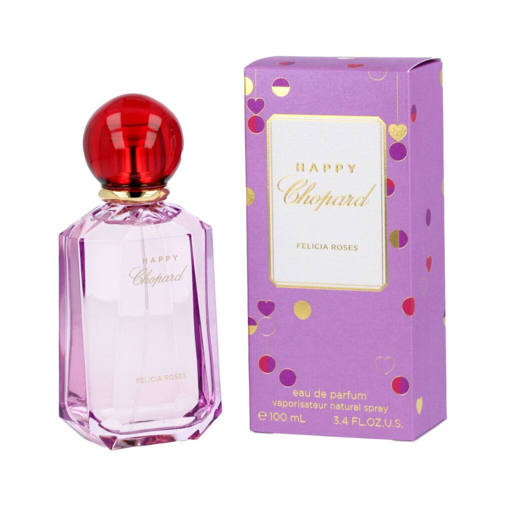 Flacone rosa con confezione. Scritta: Happy Chopard Felicia Roses. Confezione con cuori.