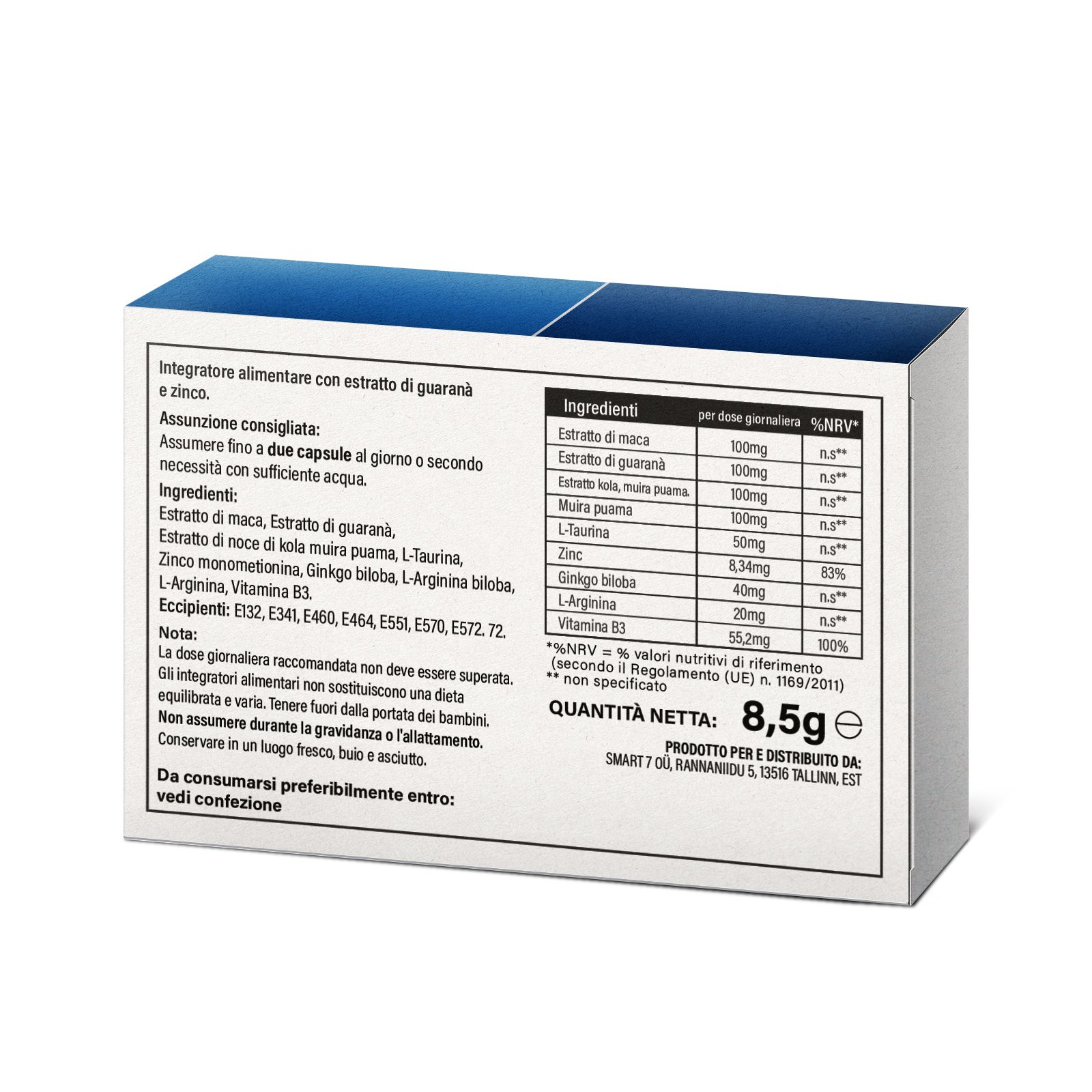 Retro di una scatola blu. Contiene una tabella con ingredienti e informazioni nutrizionali. Peso netto: 8,5g.
