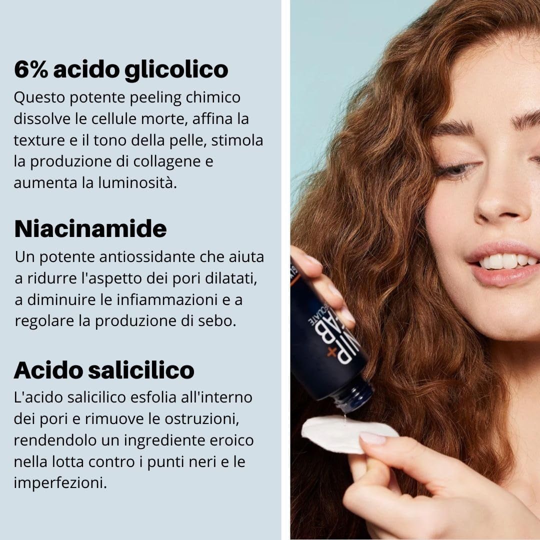 Testo: 6% Acido Glicolico, Niacinamide, Acido Salicilico. Donna con dischetto di cotone e bottiglia "Nip + Fab Glycolic Acid Fix Liquid Glow".