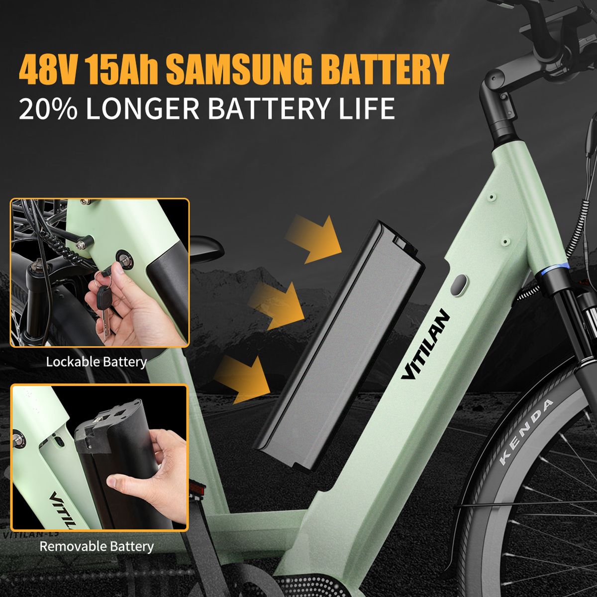 Vista dettagliata della batteria della e-bike Vitilan L5. La batteria è rimovibile e bloccabile. Testo: 48V 15Ah SAMSUNG BATTERY.
