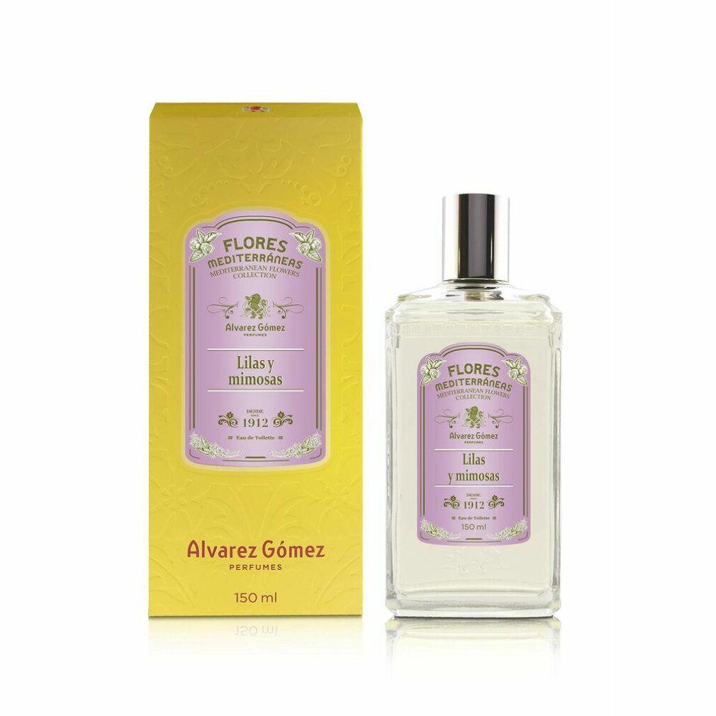 Flacone e scatola Alvarez Gómez. Scritta: Flores Mediterraneas, Lilas y Mimosas. Scatola gialla, etichetta viola, 150 ml.
