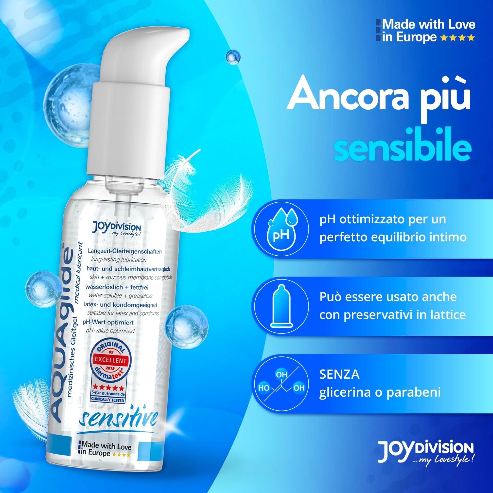 Gel lubrificante AQUAGLIDE Sensitive in flacone trasparente con dispenser a pompa. "Made with Love in Europe" e "pH ottimizzato".