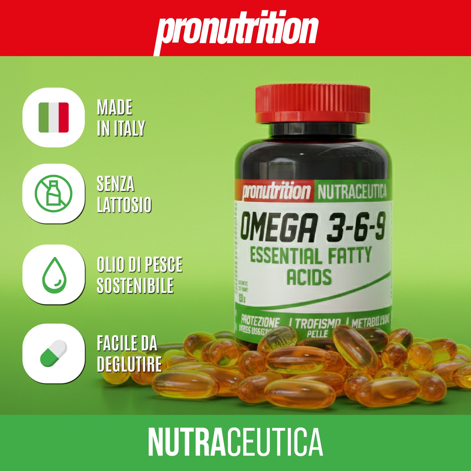 Flacone scuro con tappo rosso. Scritta: Omega 3-6-9 Essential Fatty Acids. Marca: Pronutrition. Etichetta verde e bianca.