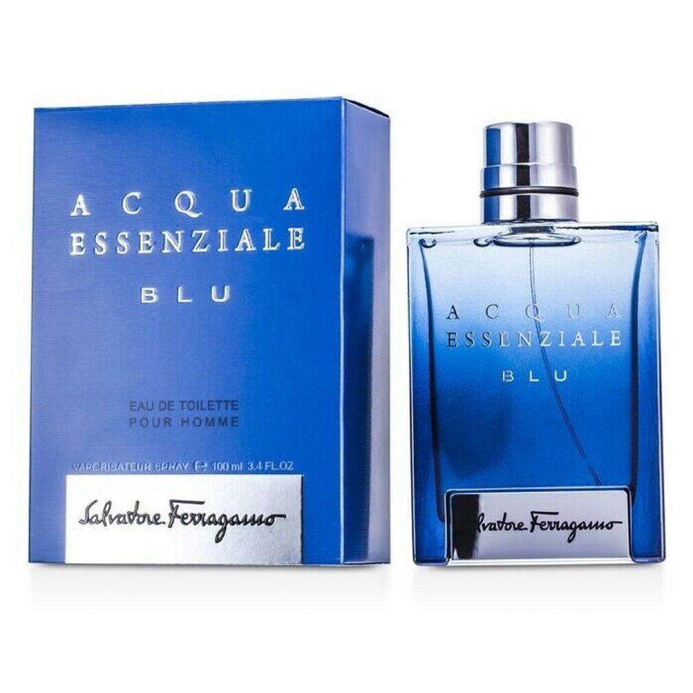 Flacone di profumo blu e scatola. Scritta: Acqua Essenziale Blu, Salvatore Ferragamo. Flacone con tappo argentato.
