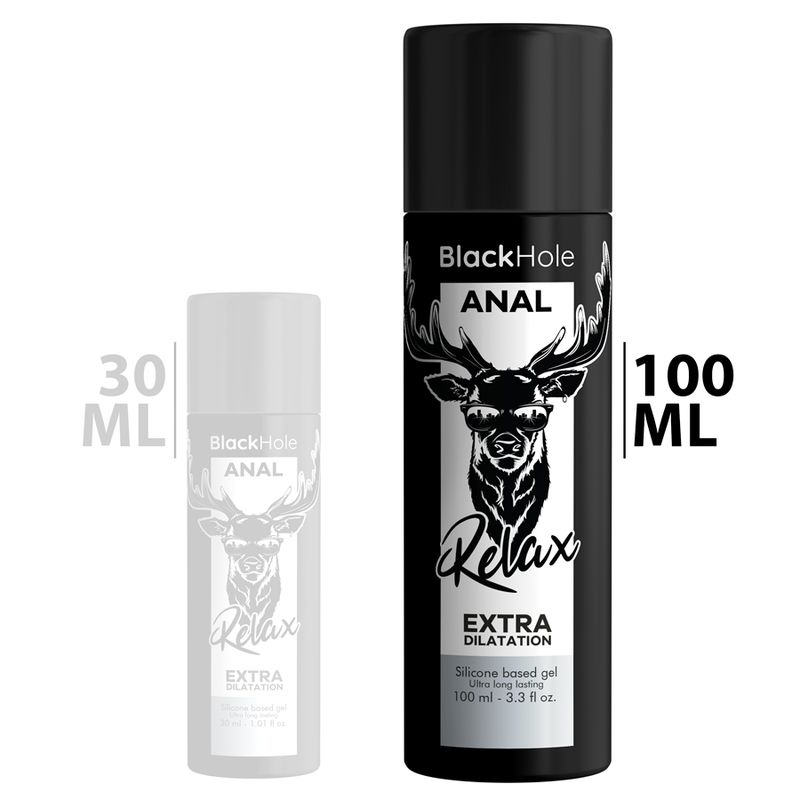 Due flaconi neri. Uno da 30 ml, uno da 100 ml. Scritta: Black Hole ANAL Relax EXTRA DILATATION.