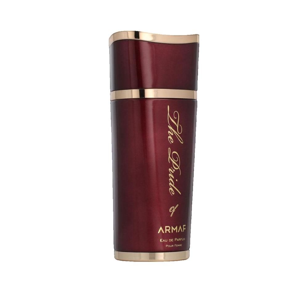 Flacone rosso con dettagli dorati. Scritta "The Pride" e "Armaf".