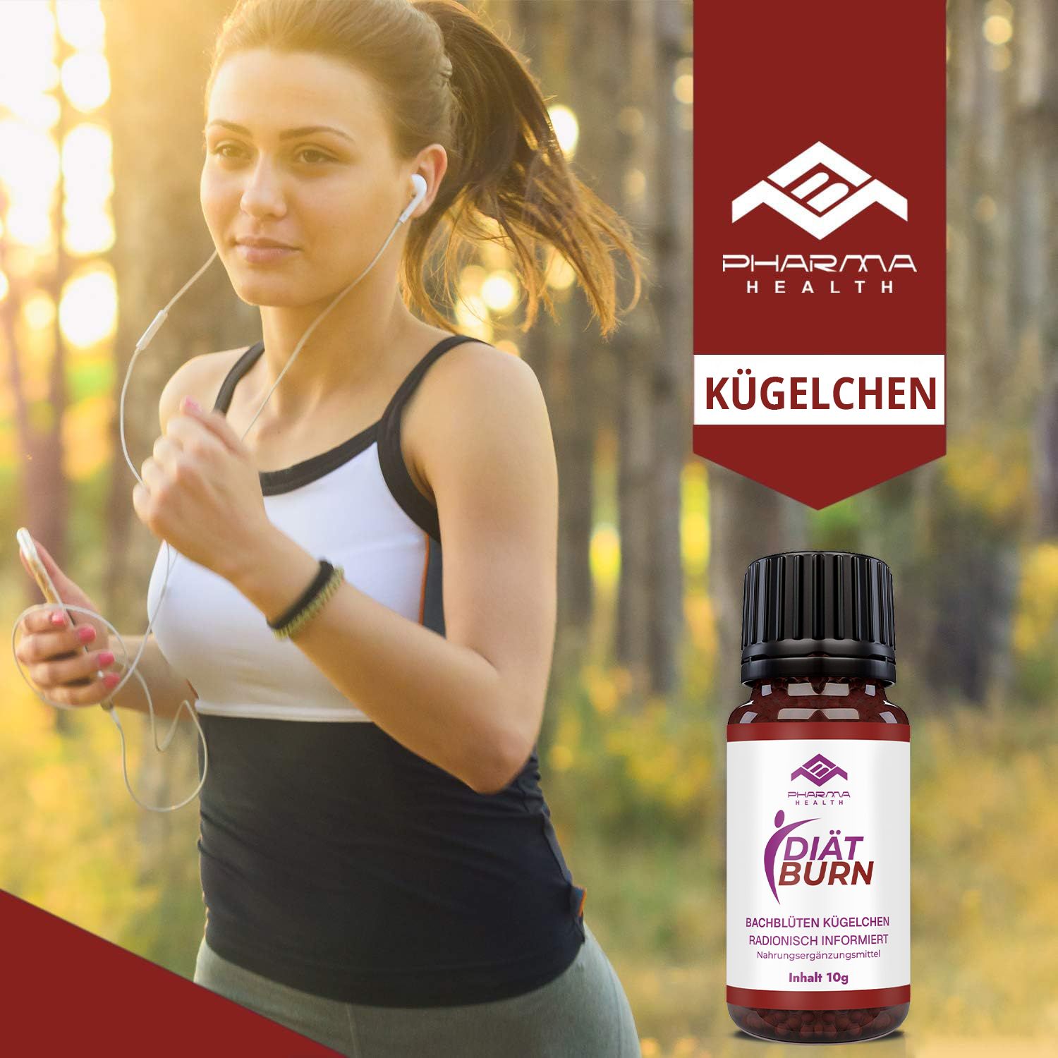 Donna che fa jogging con le cuffie. Flacone con etichetta "DIÄT BURN" e logo. Sfondo: natura.