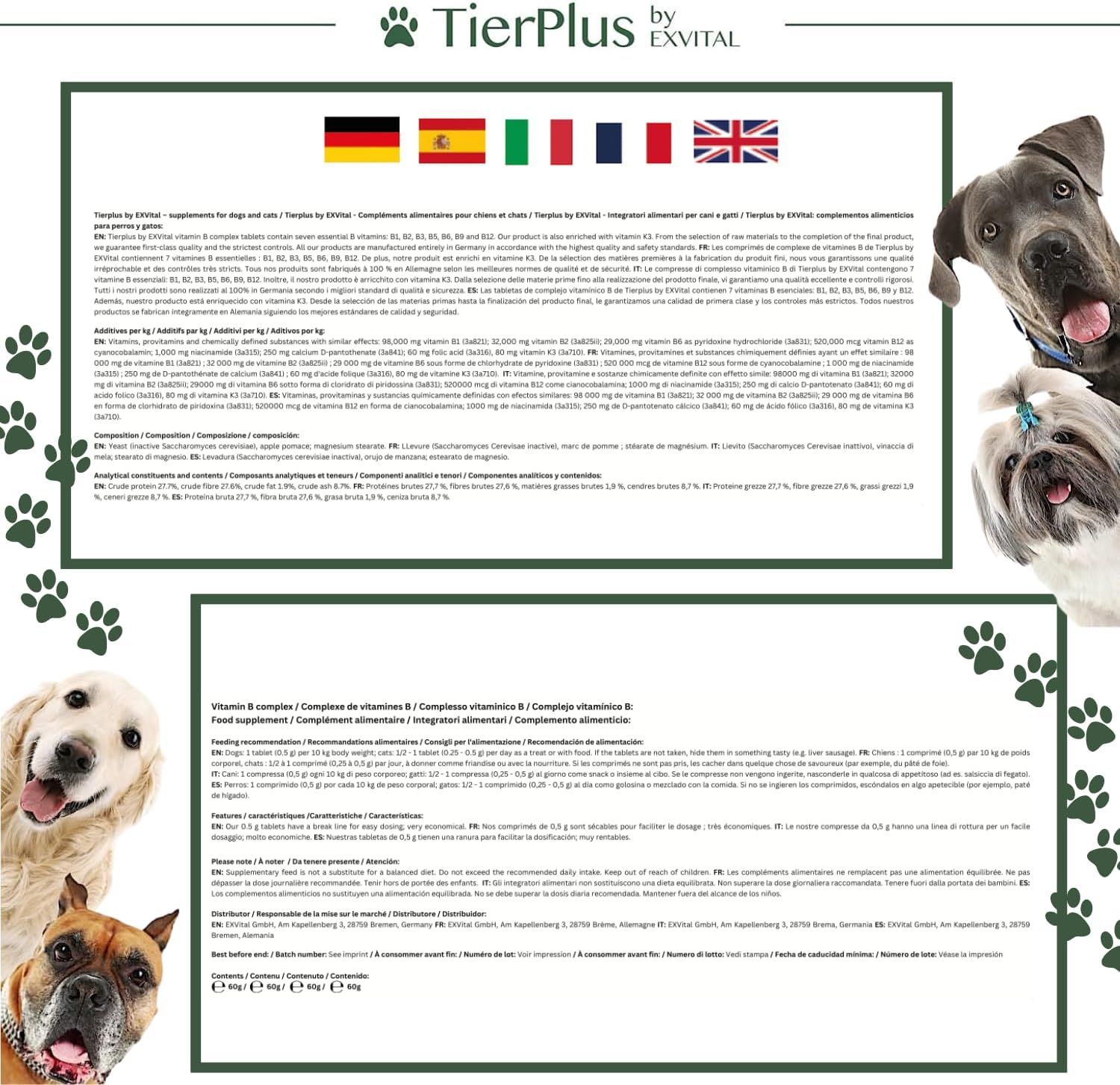 Informazioni multilingue su EXVital Vitamina B-Complesso. Cani e gatti. Composizione, uso, dosaggio.