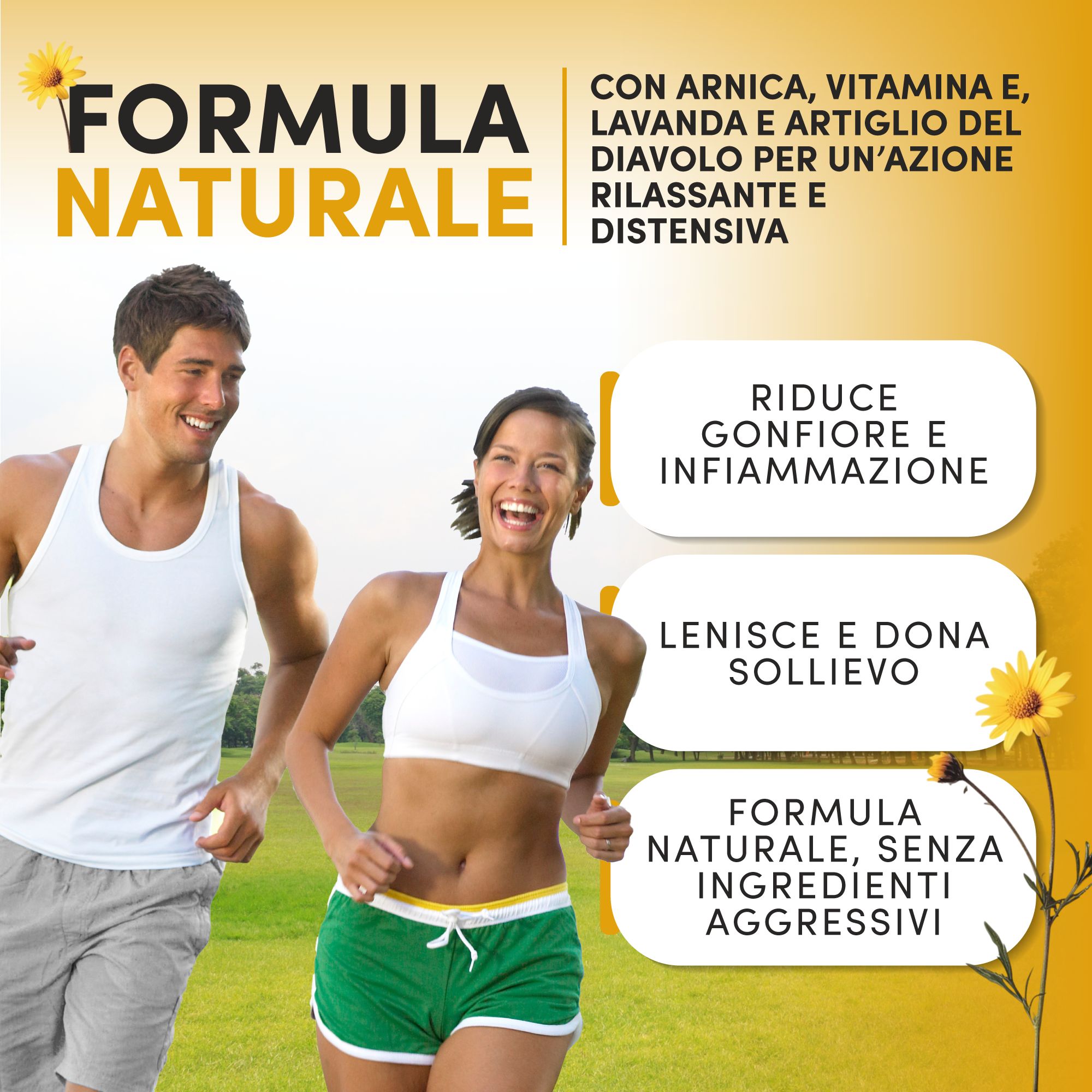 Pubblicità con corridori. Testo: Formula naturale, con arnica, vitamina E, lavanda. Riduce il gonfiore, lenisce e dona sollievo.