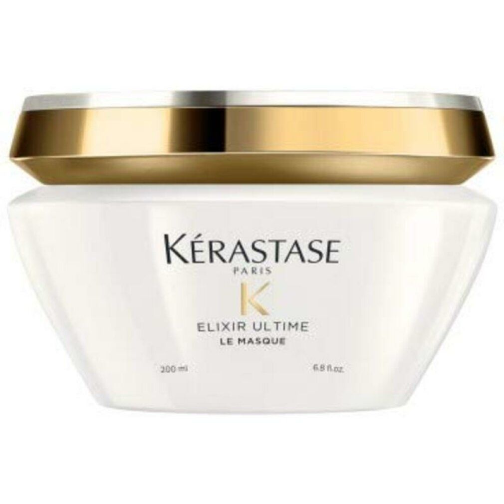 Vaso bianco con coperchio dorato. Scritta Kérastase Paris, Elixir Ultime Le Masque. 200 ml.