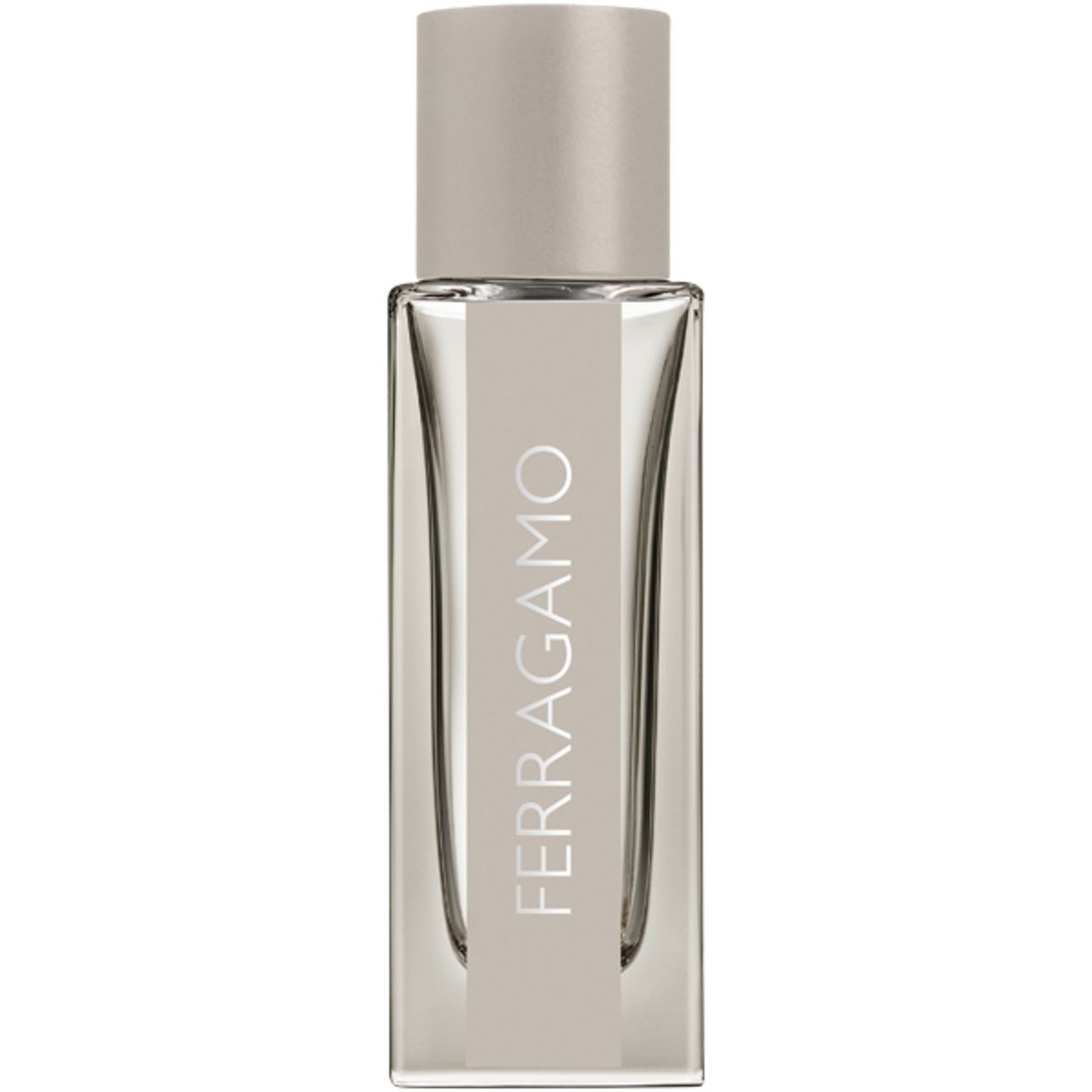 Flacone con tappo ed etichetta beige con scritta FERRAGAMO. Flacone trasparente con liquido beige.