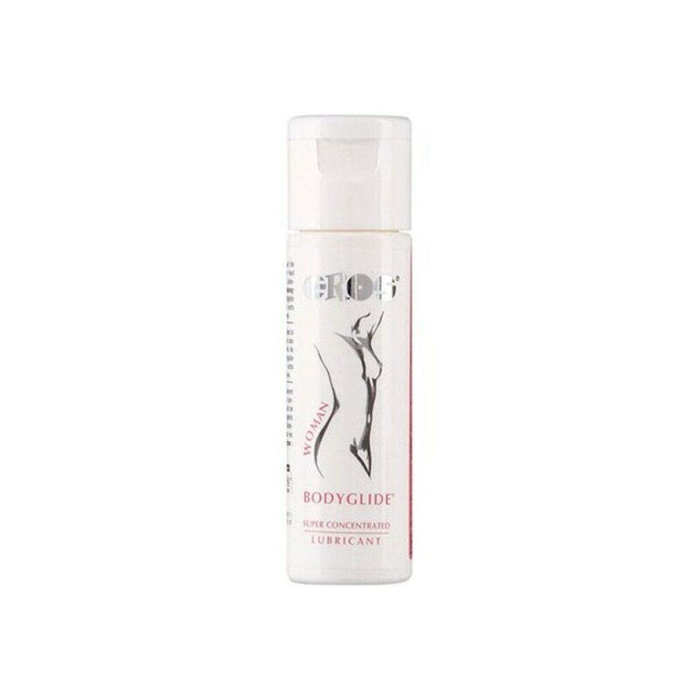 Flacone bianco con tappo a ribalta. Scritta EROS, BODYGLIDE WOMAN, SUPER CONCENTRATED LUBRICANT. Silhouette femminile.