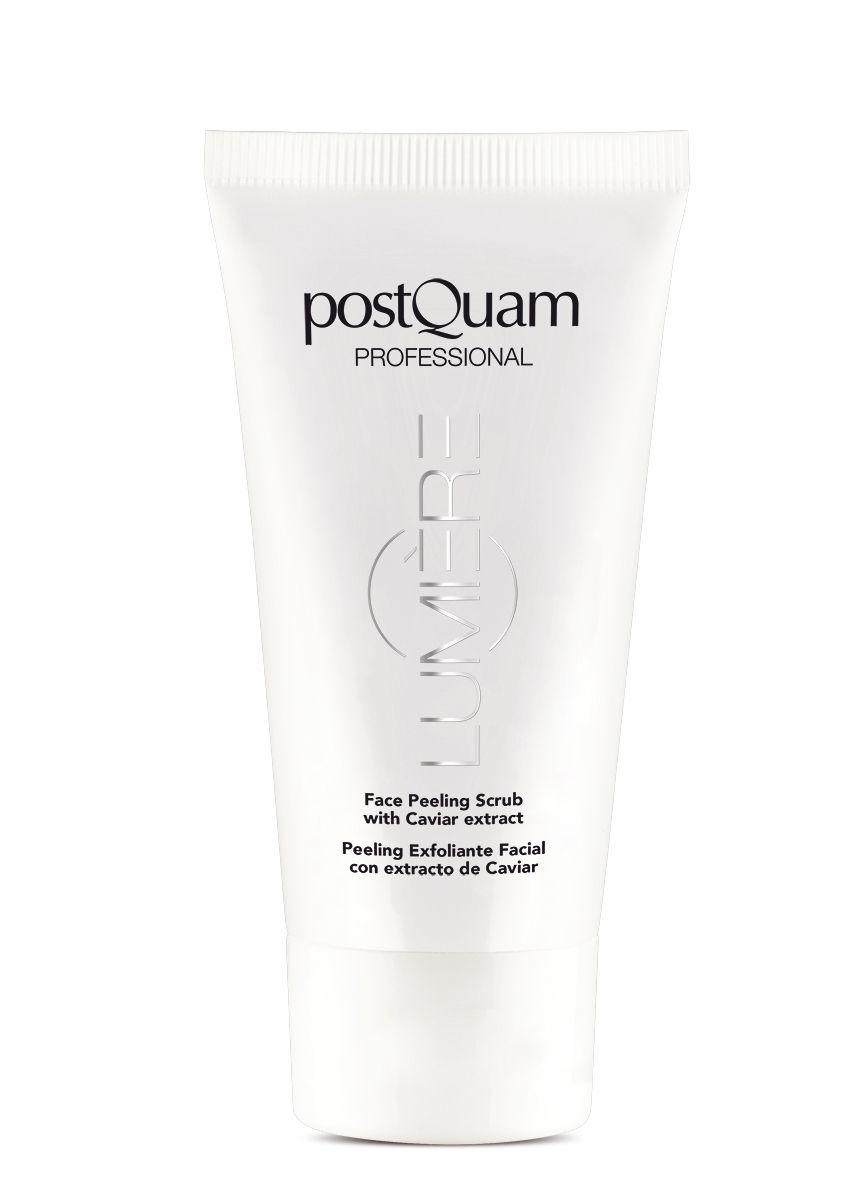 Tubo bianco con nome e testo del prodotto. Testo: Face Peeling Scrub with Caviar extract. Su sfondo bianco.
