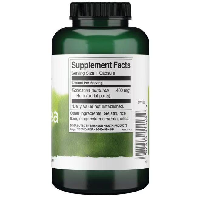 Retro del flacone verde. Etichetta con informazioni nutrizionali. Contiene Echinacea purpurea, 400 mg. 100 capsule.
