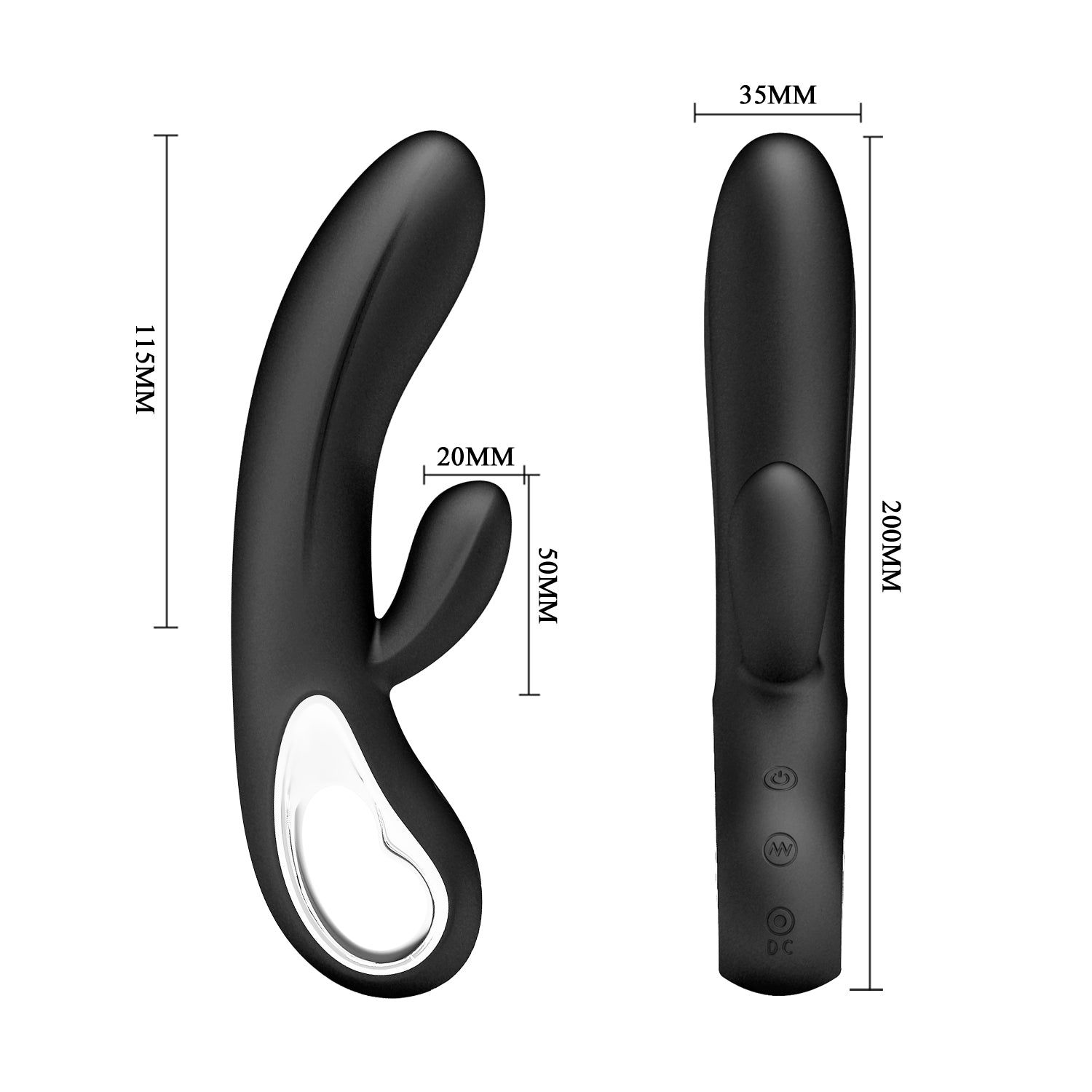 Due prodotti benessere neri. Dimensioni: 115mm, 200mm, 35mm, 50mm. Con misure.