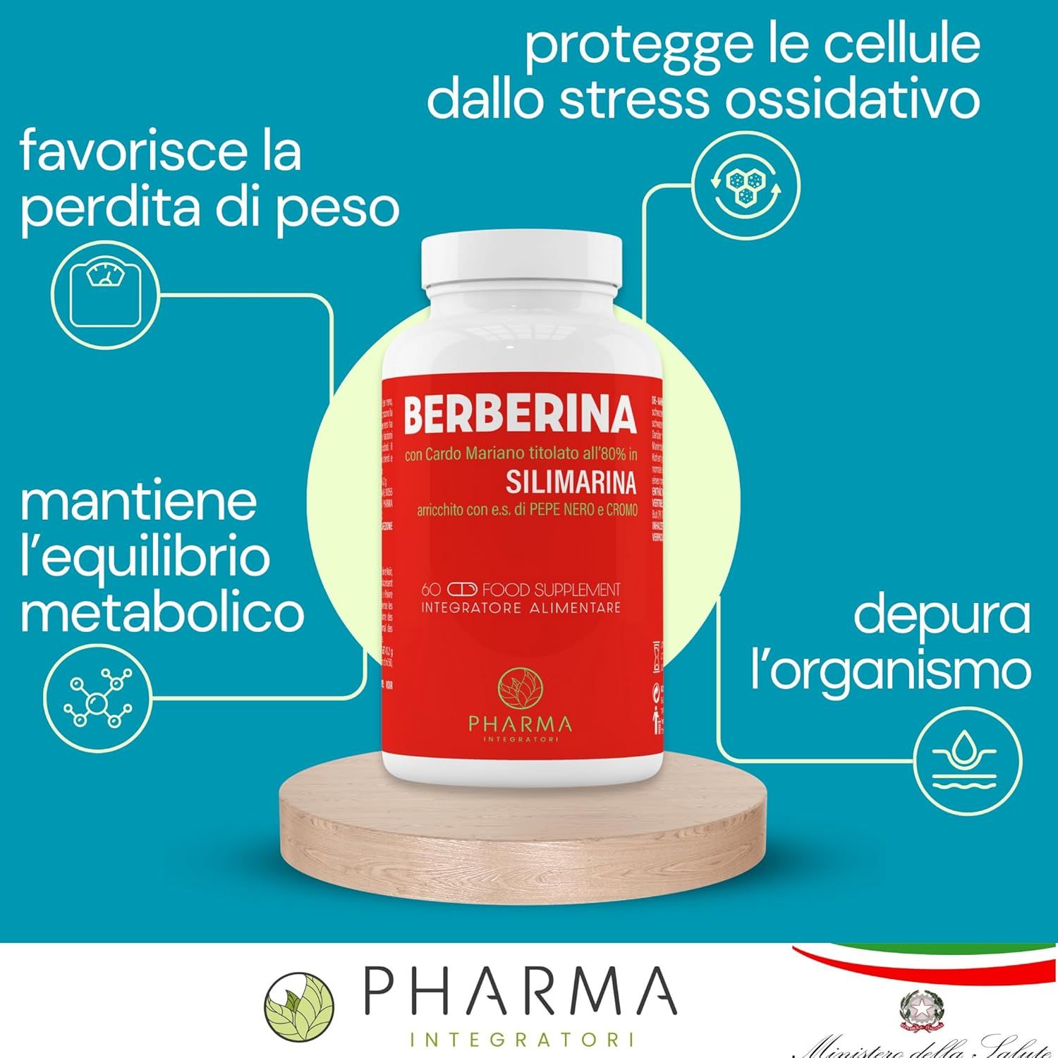 Flacone bianco con capsule. Testo: Berberina, Silimarina, 60 capsule, integratore alimentare. Grafici: perdita di peso, metabolismo, depurazione.