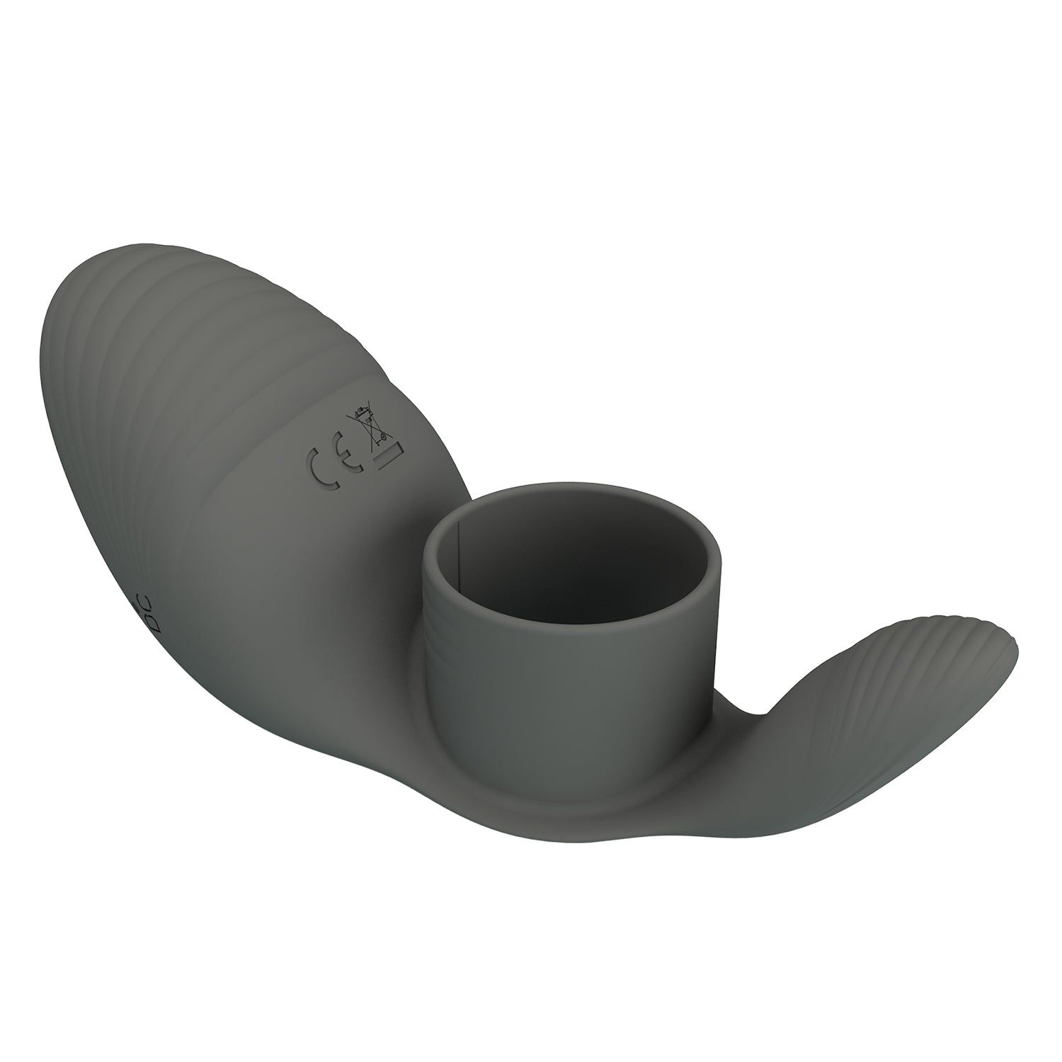 Anello grigio con superficie scanalata e marchio CE. Vista posteriore.