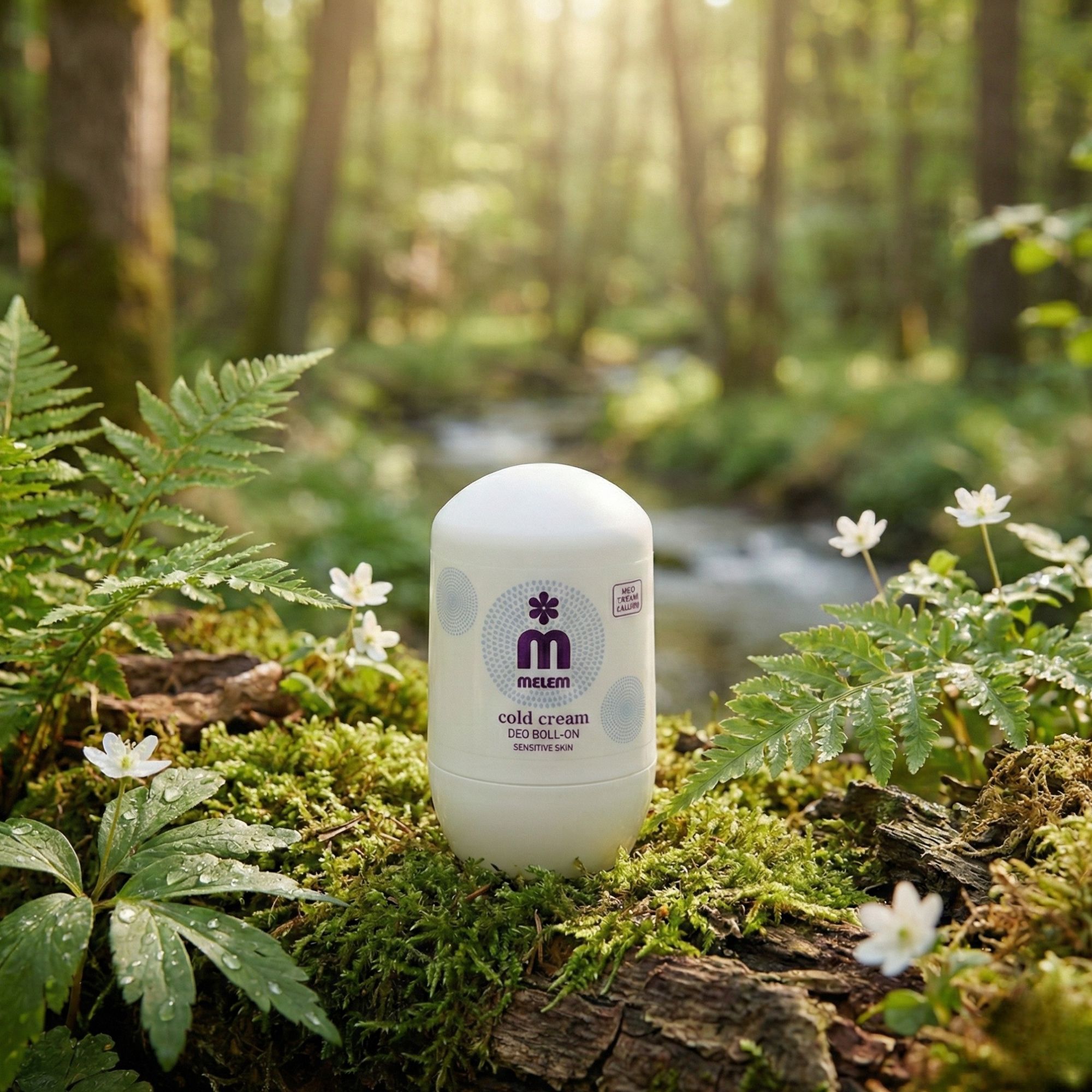 Deodorante roll-on bianco con logo viola. Su muschio nella foresta.