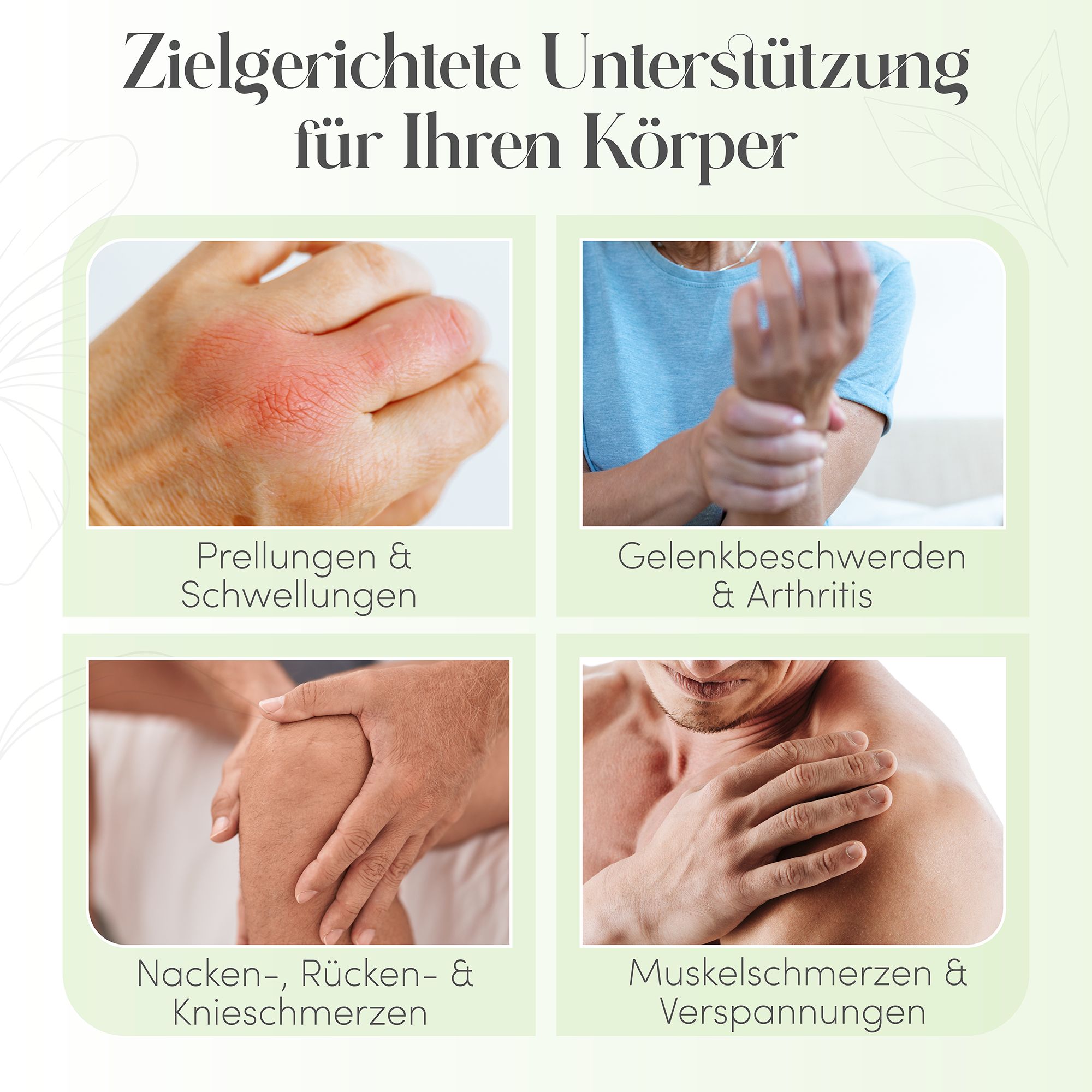 Quattro immagini mostrano mani e parti del corpo con disturbi. Testi: contusioni, dolori articolari, dolori al collo e al ginocchio, dolori muscolari.