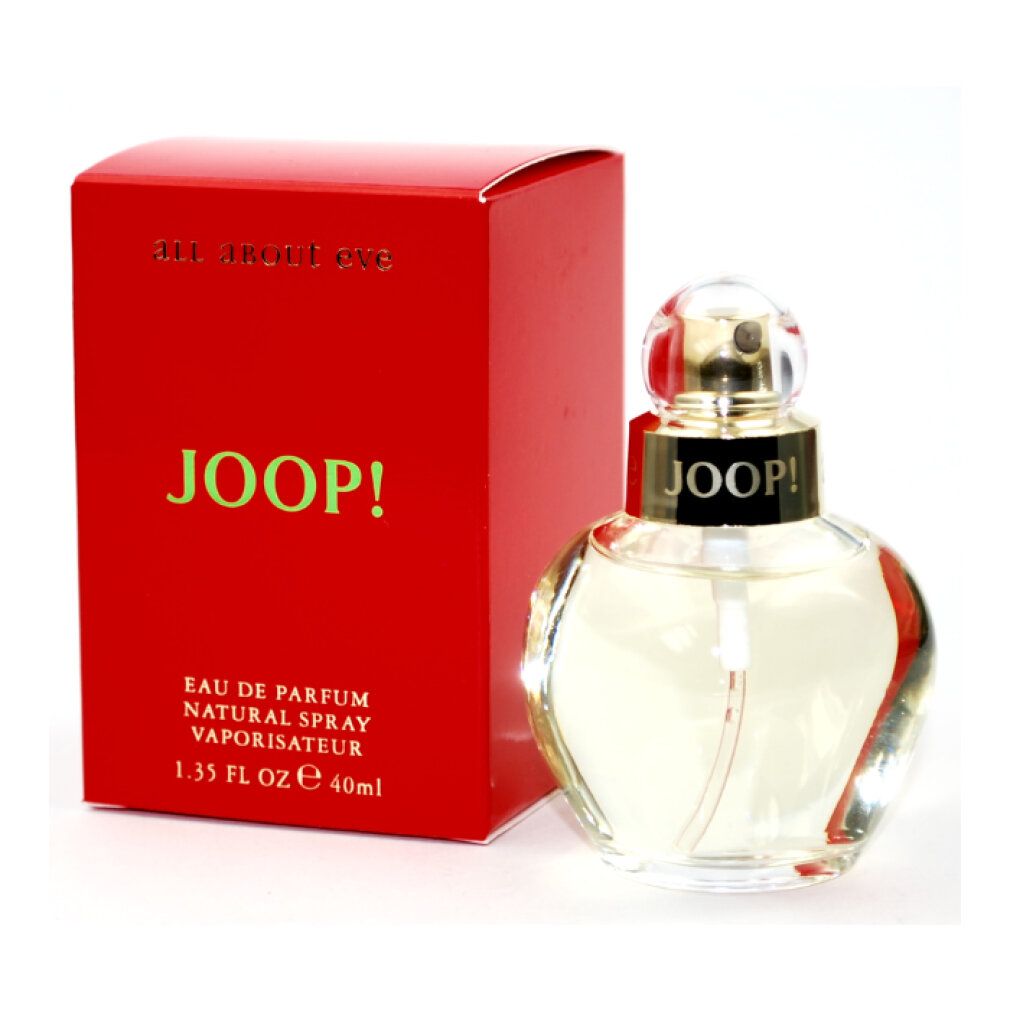 Joop! All About Eve Edp Spray e confezione rossa. Flacone rotondo, tappo dorato. Confezione con scritta JOOP! e testo.